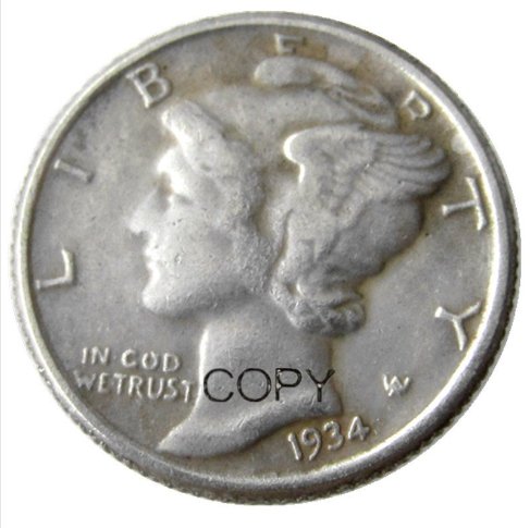 US 1934 Mercury Head Ten Cent Dime Silver Plated Copy Coins