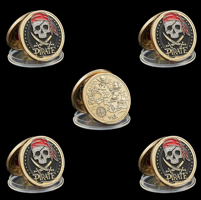 5PCS/Lot Movie Pirate Skull Gold Aztec Coin Medallion Skull Medal