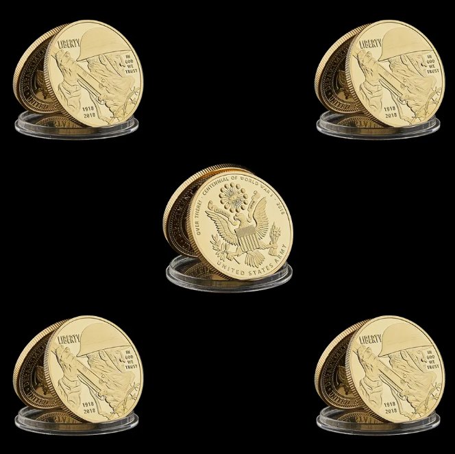 5PCS WWI USA Challenge Coin Collection Value Gold Plated Liberty Soldier Army 100th