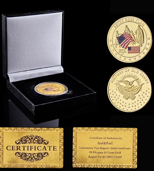 American Flag Designer Betsy Ross Souvenir Challenge Coin USA Gold/Silver Plated W/ Black