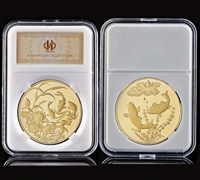 Chinese Good Luck Gold Plated Commemorative Coins Koi Fish Blessing Wishing