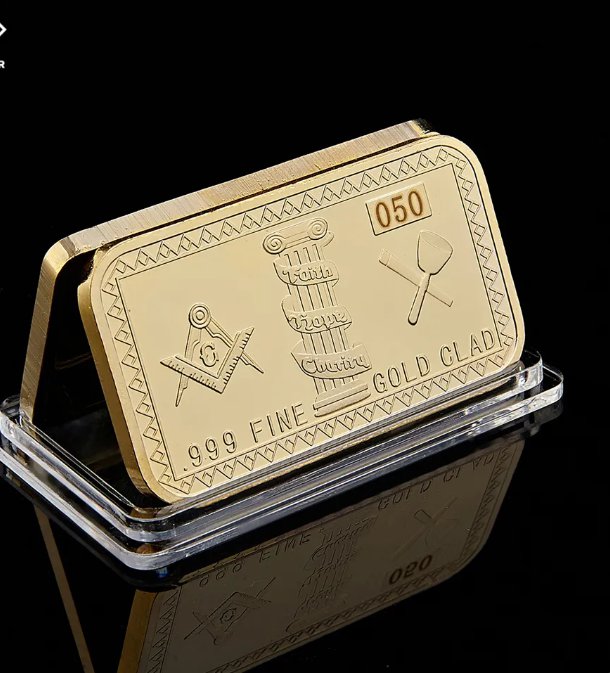 Freemasons Masonic Challenge Coin Golden Bar 999 Fine Gold Clad 3D Design With Case Cover