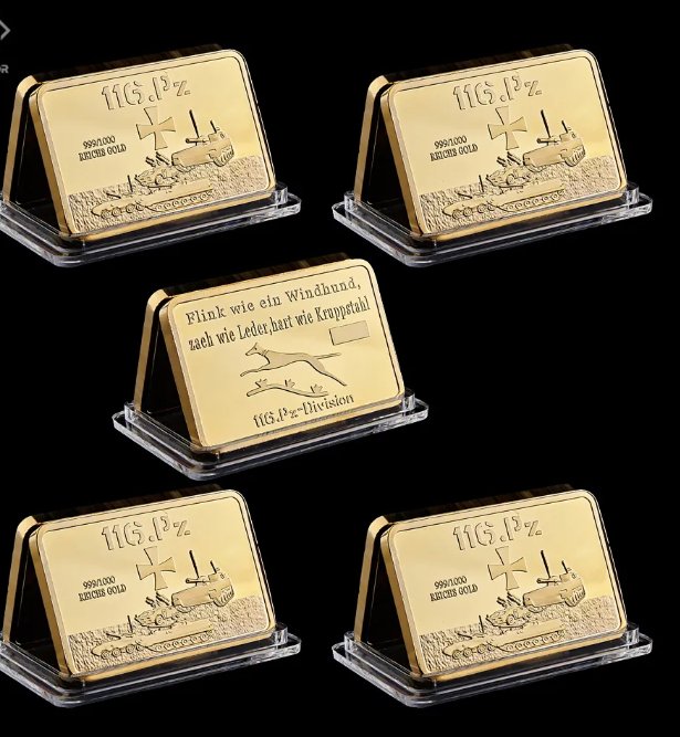 5PC Deutsche WWII 116.PZ Tank Division Replica Gold Bullion Bar Fine 999/1000 Reichs