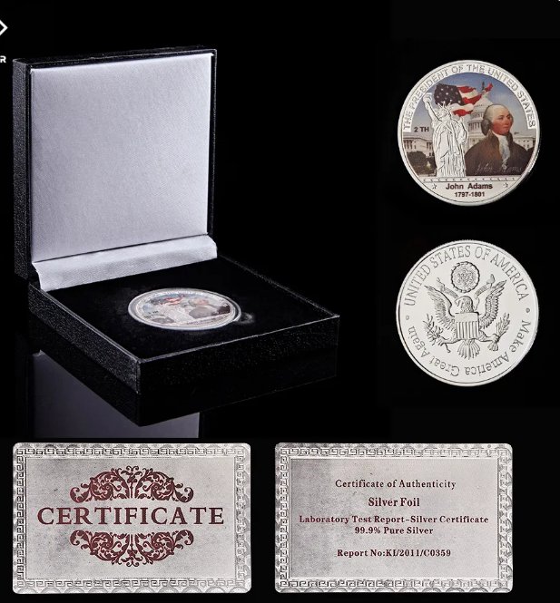 1797-1801 The Second USA President John Adams Collectible Silver Coin W/ Black Luxury Coin Box