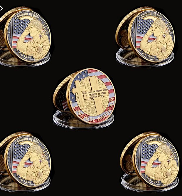 5PCS WWII 1944.6.6 Euro Omaha Beach Land Cimetiere Metal Challenge Coin Collectibles