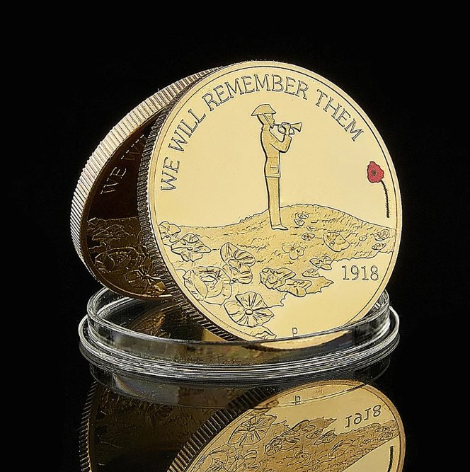 1918 We Will Remember Them Elizabeth II Colored Gold Plated Souvenir Token Coin