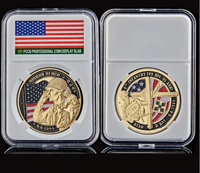 1944.6.6 Infantry Ivy Div US Army Gold Utah D-Day Challenge Coin World W/ Capsule Holder