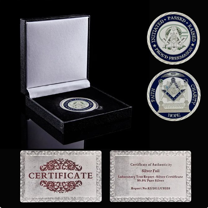 Freemason Masonic Lodge Masonic Symbols Token Silver Collectible Coin W/ Luxury Box Display