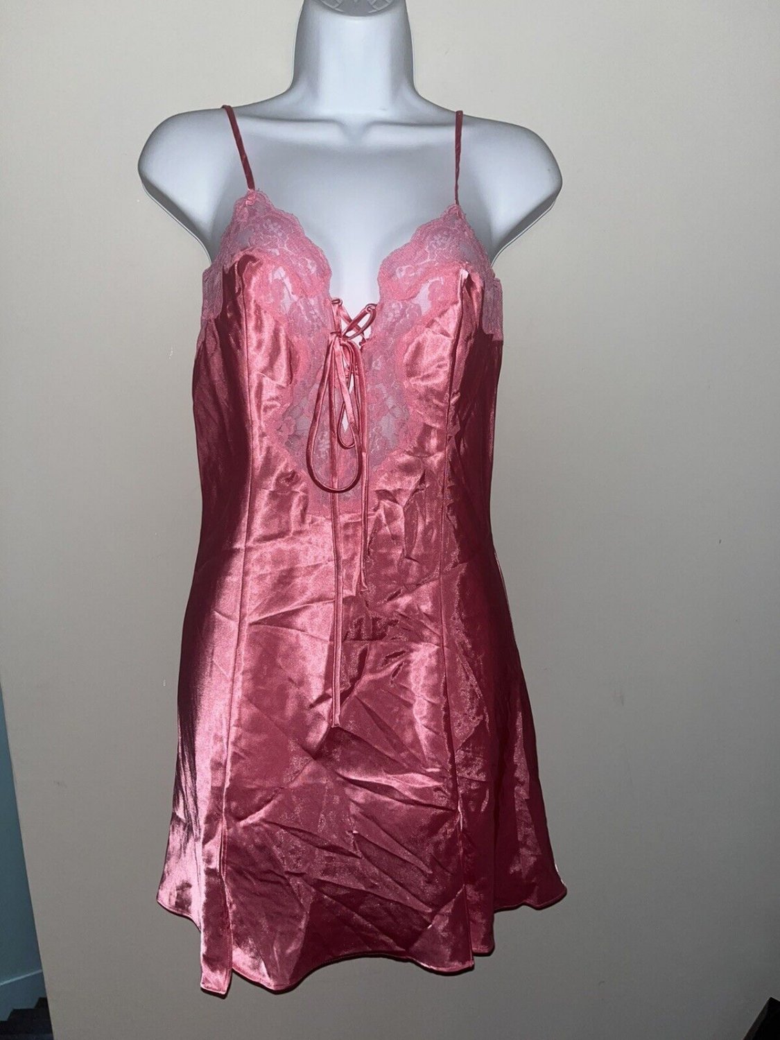 Fredericks of Hollywood Lingerie Slip Dress S Pink Satin Lace Criss ...