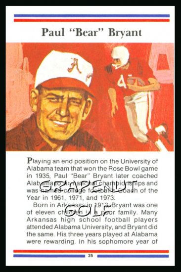 1981 True Value Hardware Bear Bryant Alabama FB Card