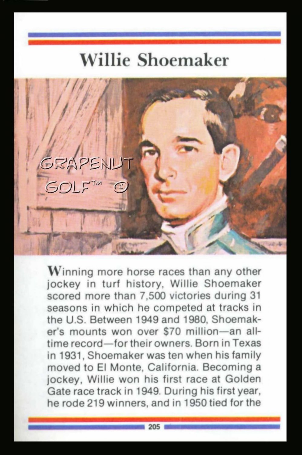 WILLIE SHOEMAKER TRUE VALUE KENTUCKY DERBY HORSE RACING JOCKEY HALL OF FAME NMT