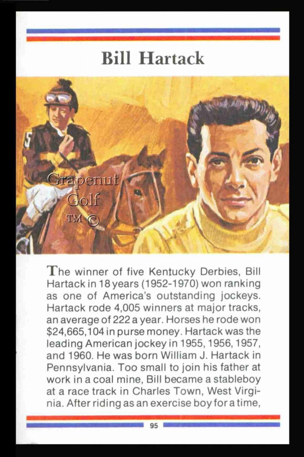 BILL HARTACK TRUE VALUE PREAKNESS HORSE RACING JOCKEY HALL OF FAME  CARD NM