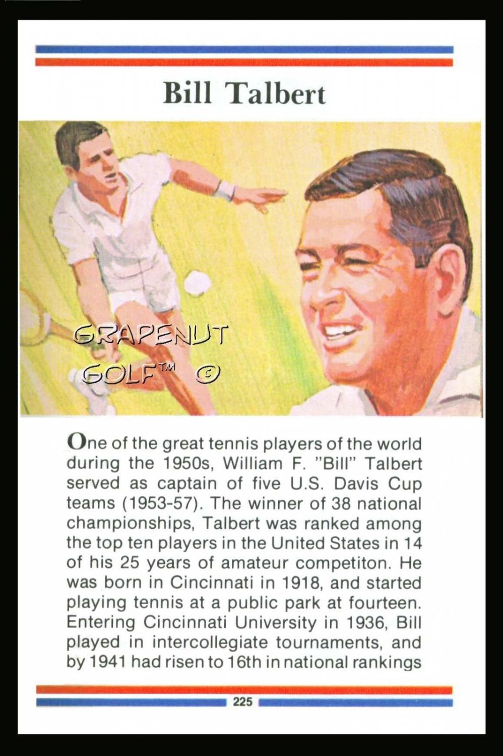 BILL TALBERT TRUE VALUE HOF SLAM TENNIS CARD NM-MT FRENCH US OPEN CHAMPION