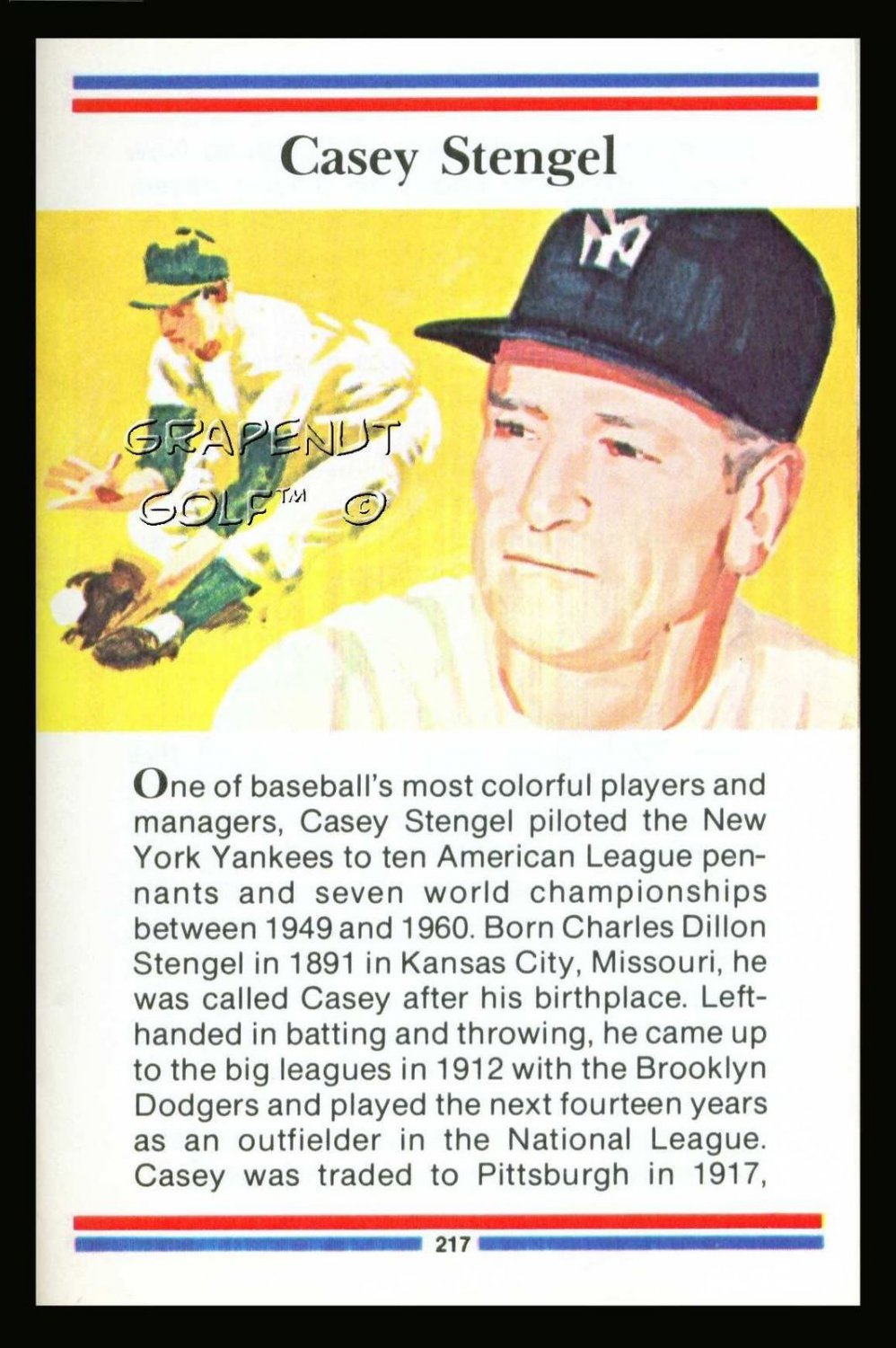 CASEY STENGEL TRUE VALUE NY YANKEES METS #37 HOF CARD DODGERS BRAVES PIRATES