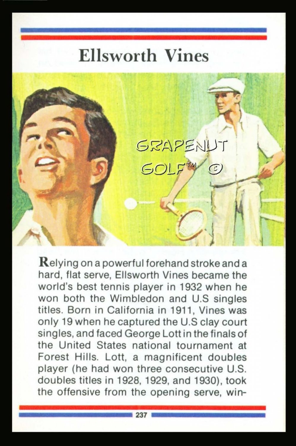 ELLSWORTH VINES TRUE VALUE WIMBLEDON GRAND SLAM TENNIS HOF PGA TOUR GOLFER CARD