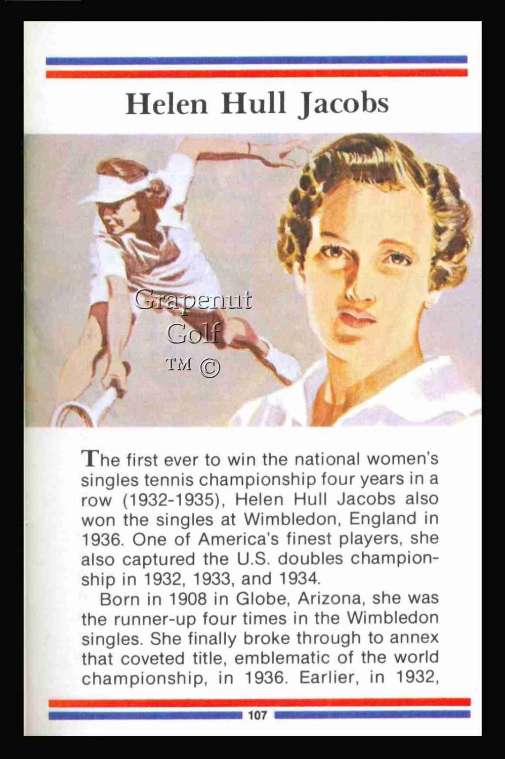 HELEN HULL JACOBS TRUE VALUE TENNIS HOF SLAM GOLF CARD