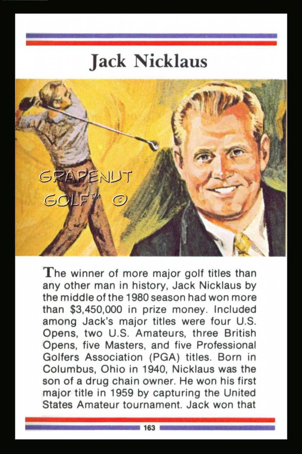 JACK NICKLAUS TRUE VALUE CAREER GRAND SLAM MASTERS PGA BRITISH US OPEN GOLF CARD