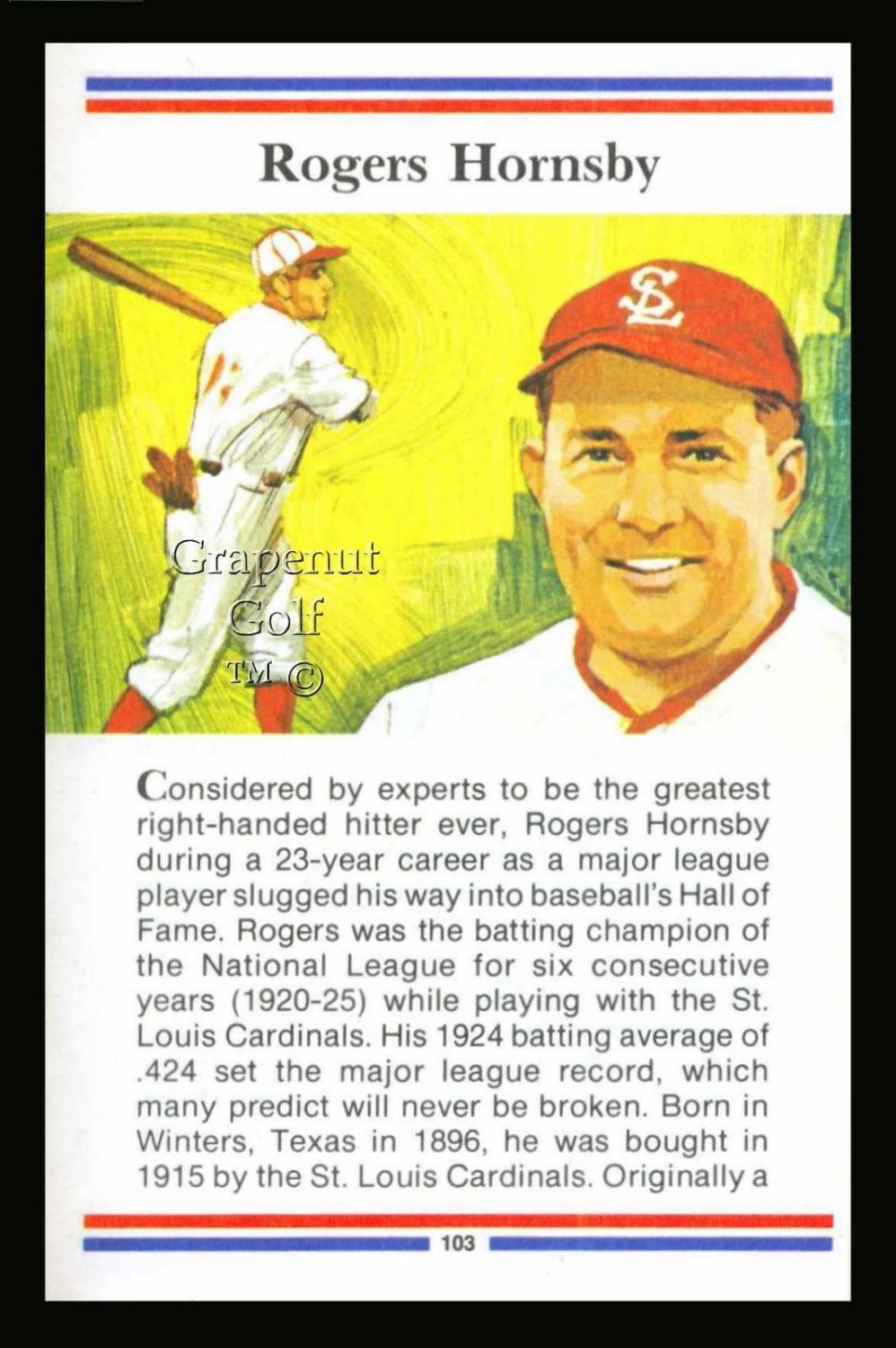 ROGERS HORNSBY TRUE VALUE ST LOUIS CARDINALS BROWNS BASEBALL CARD WORLD SERIES