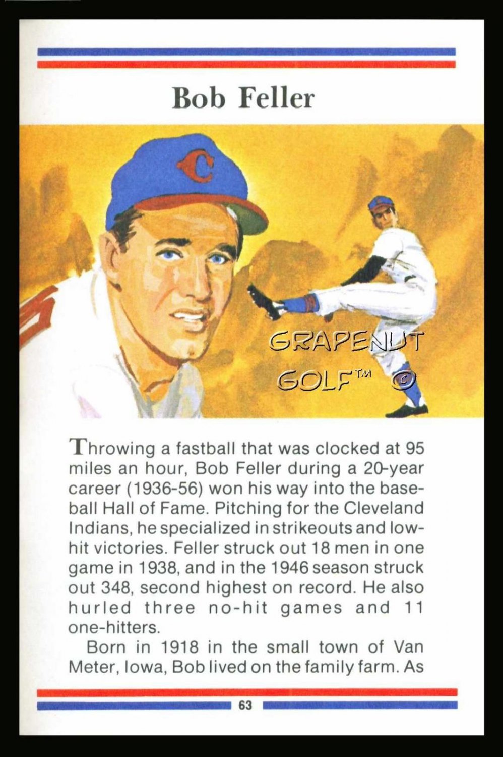 BOB FELLER TRUE VALUE HARDWARE INDIANS BASEBALL CARD NM