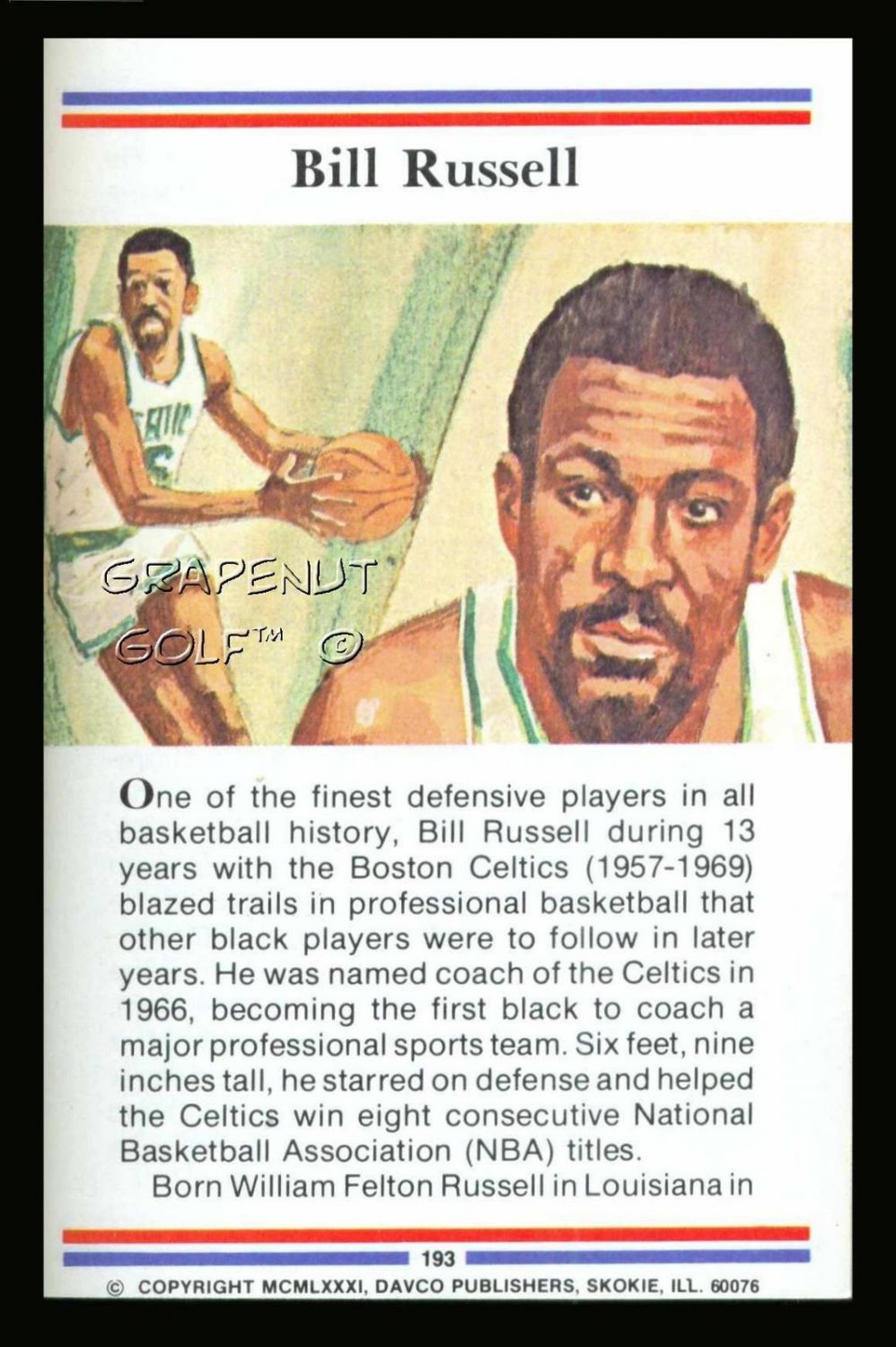 BILL RUSSELL TRUE VALUE BOSTON CELTICS BASKETBALL CARD