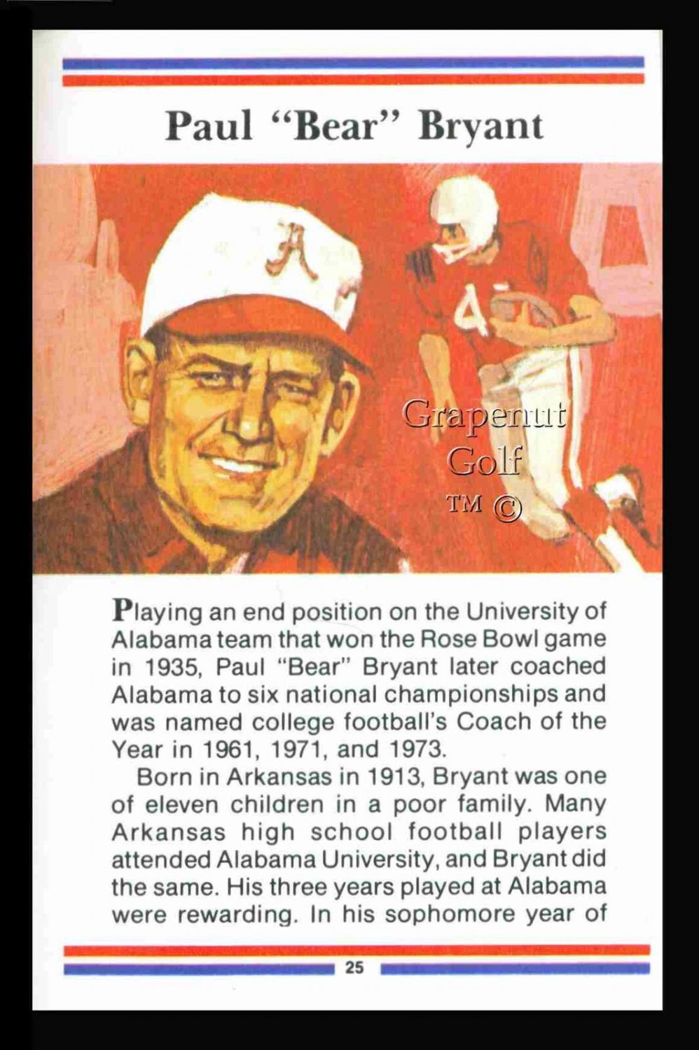 PAUL BEAR BRYANT TRUE VALUE ALABAMA CRIMSON TIDE FOOTBALL CARD HOF