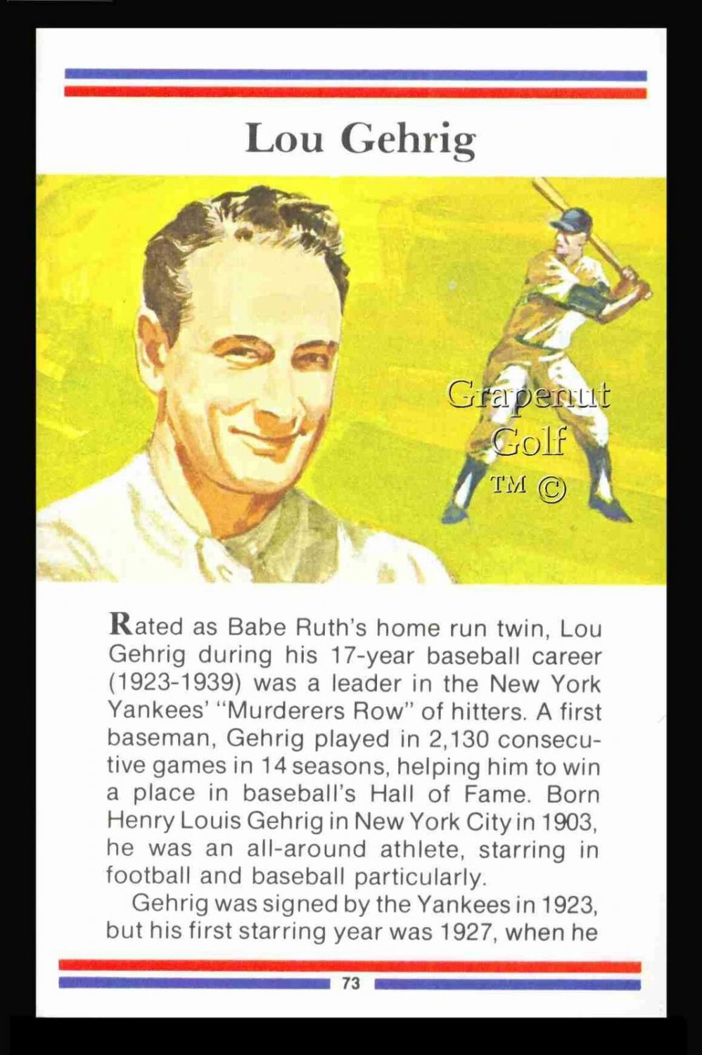 LOU GEHRIG TRUE VALUE BASEBALL IRON HORSE HOF CARD