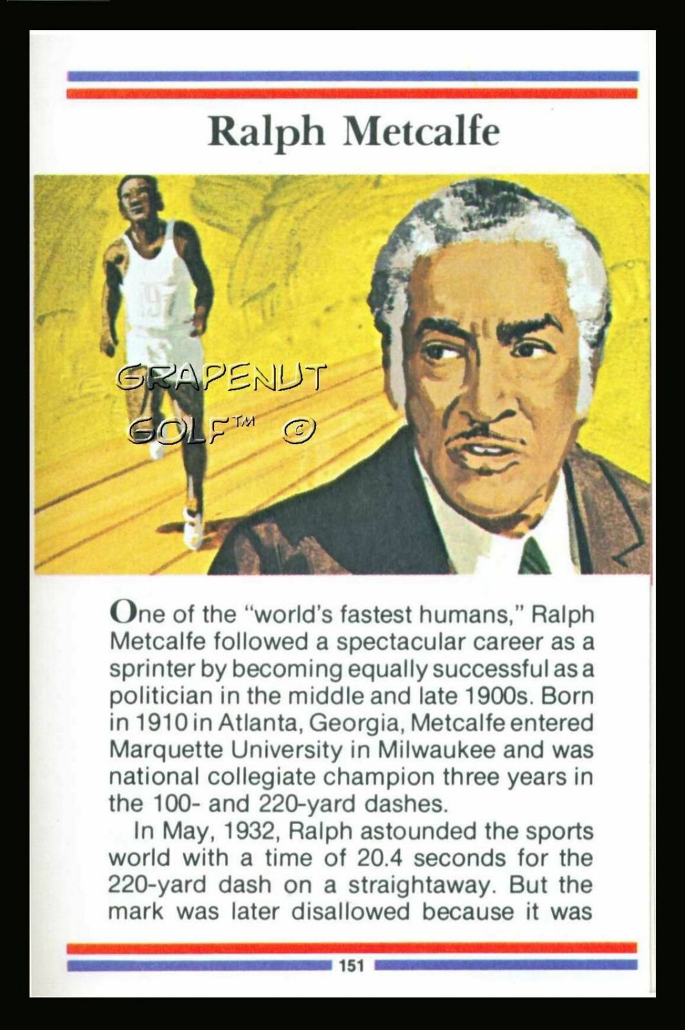RALPH METCALFE TRUE VALUE WORLD RECORD OLYMPIC TRACK & FIELD CARD