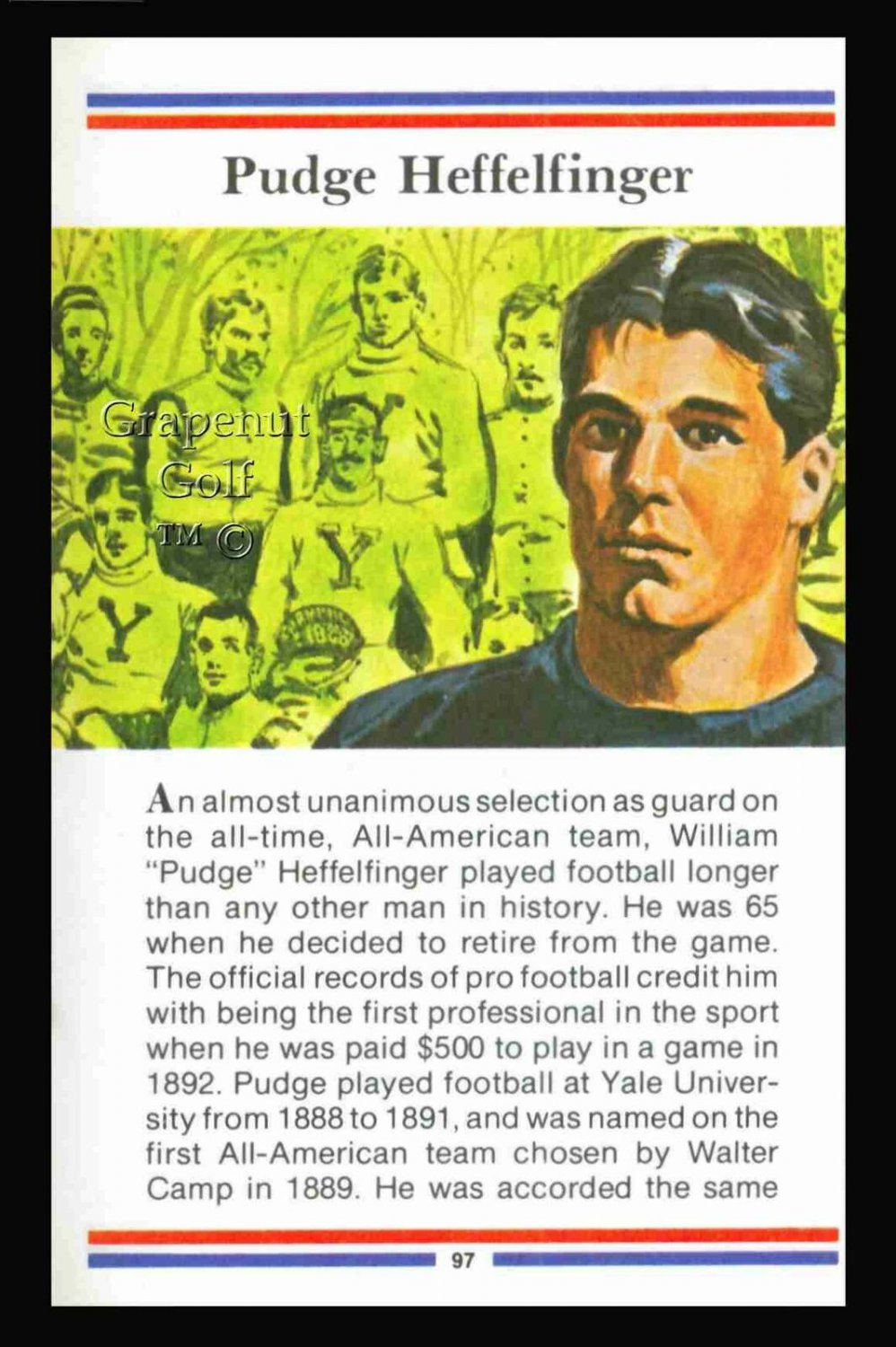 PUDGE HEFFELFINGER TRUE VALUE YALE HOF FOOTBALL CARD