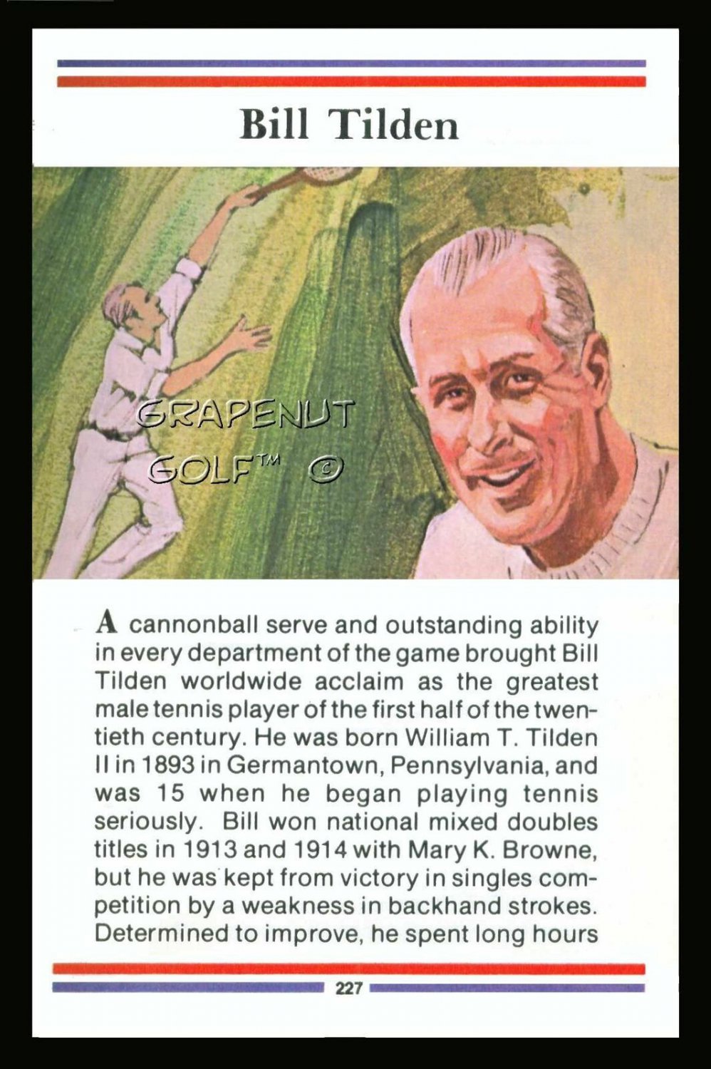 BILL TILDEN TRUE VALUE GRAND SLAM DAVIS CUP HOF TENNIS CARD