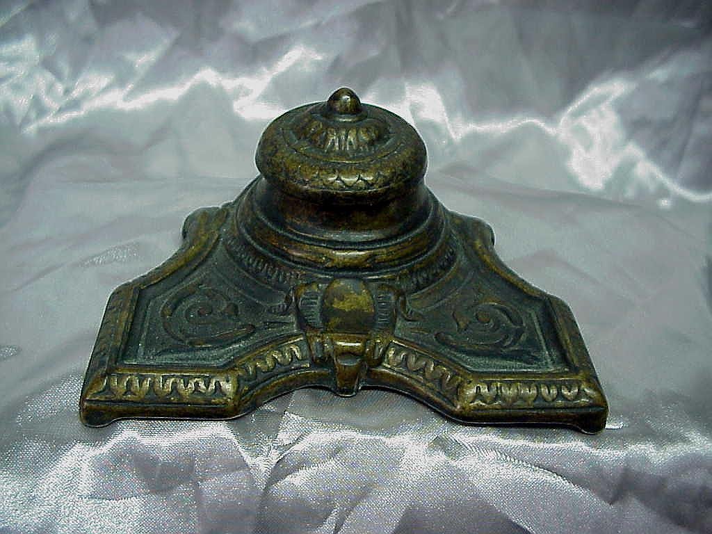 Antique Mod. Brevet Brass Inkwell 1900's Deco Bronze Finish