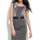 $299 XS BCBGMAXAZRIA Print Inset Ponte Knit Dress Gray Black Belt White Print 2