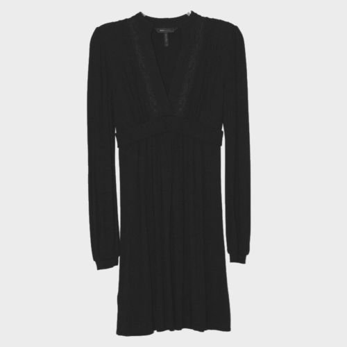 BCBG MAX AZRIA XS Black V-Neck Embroidered Long Sleeve Knit Dress PXS LBD