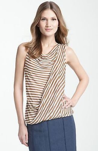 $128 XS Classiques Entier Drape Front Stripe Top Blouse Brown White Blouson PXS