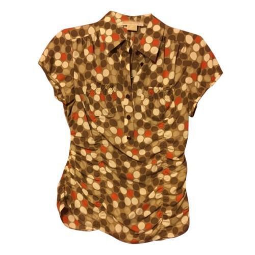 $180 Michael Kors 2P Brown White Orange Polka Dot Ruched Silk Blouse Short PXS
