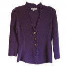 $175 XS Classiques Entier Purple Ruffle V-Neck Ribbed Cardigan 3/4 Sleeves Wool