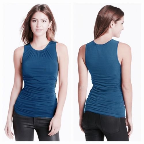 $45 PS Halogen Ruched Sleeveless Shell Blouse Top Blue Green S Tank Cami Career
