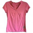 $49 S Zella Pink Wicking Performance Tee Top Short Sleeve Flower V-Neck Yoga Gym