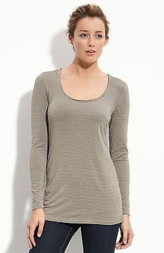 $39 XS Caslon Scoop Neck Tee Long Sleeve Beige Olive Green Cream Tan Striped