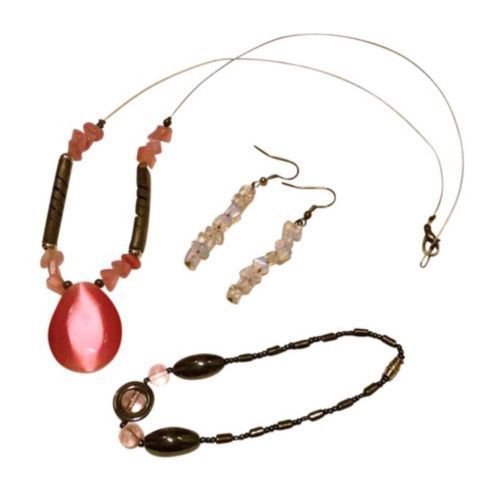 NWT Bracelet Earring Necklace Set Fair Trade Pink Metal Bead Plastic Silver