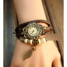 Braided Genuine Leather Bracelet Watch Beaded Charm brown Leaf bronze white