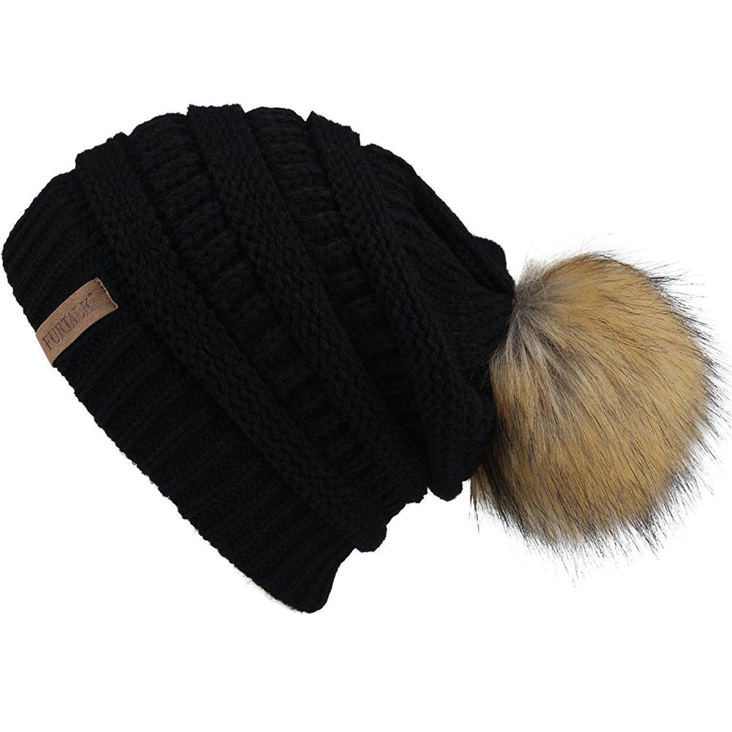 Furtalk Warm Chunky Soft Women Winter Knit Slouchy Beanie Real Fur Pom Pom Black 