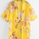 Sheer Lemon Yellow Cardigan Kimono with Sheer Hawaiian Style Flowers