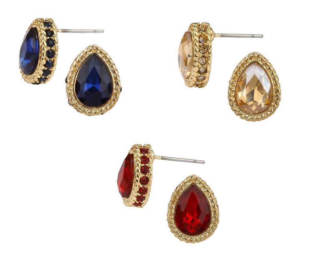 Stud Tear Drop Earrings Blue Sapphire Color, Ruby Red Color or Citrine Color