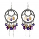 Drop Earrings Open Silver Motif with Black or Purple Color Beads