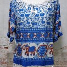 Lucky Elephants Blue Blouse Top  Size Choice M L or XL