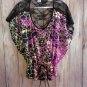 Purple Top with Gold Foil Abstract Design All Black Lace Back Size S M L or XL