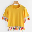 Poppy Buttercup Yellow Whimsical Colorful Tassels Midriff Crop Top S or M