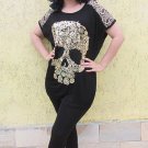 Black Oversized Designer Shirt Gold Foil Skull fits 34"-44" bust OS