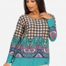 Bohemian Paisley Prism Pattern Tunic Top Main Color Teal sz Large (Top runs big)