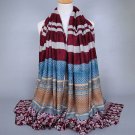 Scarf Pashmina Large Stylish Tribal Theme Burgundy Gray Steel Blue